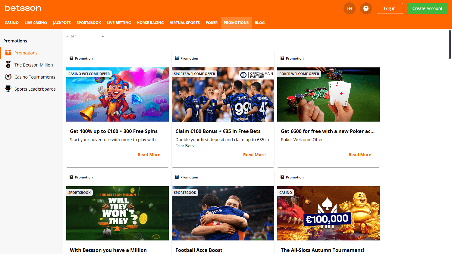 Betsson promosyon ve bonus kampanyaları ekran görüntüsü