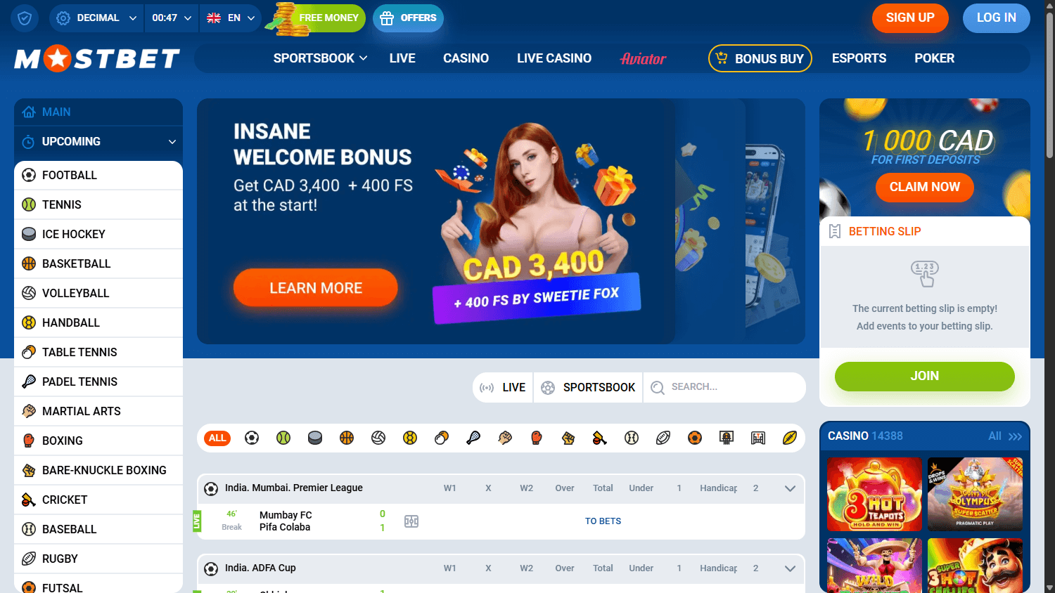 Mostbet anasayfa görünümü ekran görüntüsü